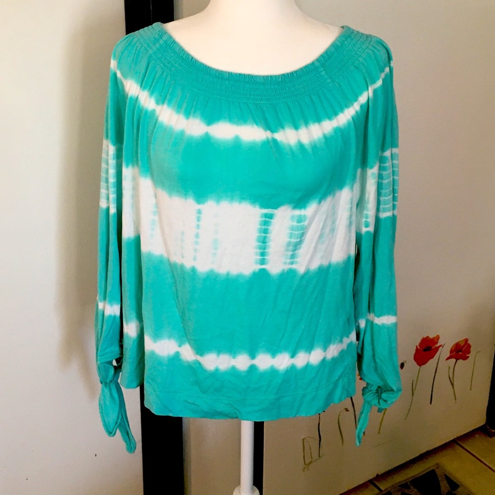 Turquoise Tye-dye elastic boat neck shirt with tie long  sleeves